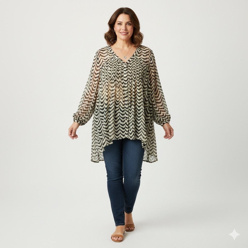 Roz & Ali Tunic Blouse Women Plus 3X Tan Brown Stripe Semi Sheer Button Front